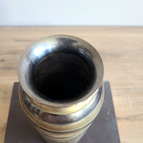 Vintage 7.5 Tall Solid Brass Vase with Black and Gold Striped Design. - Picture 4 of 6
